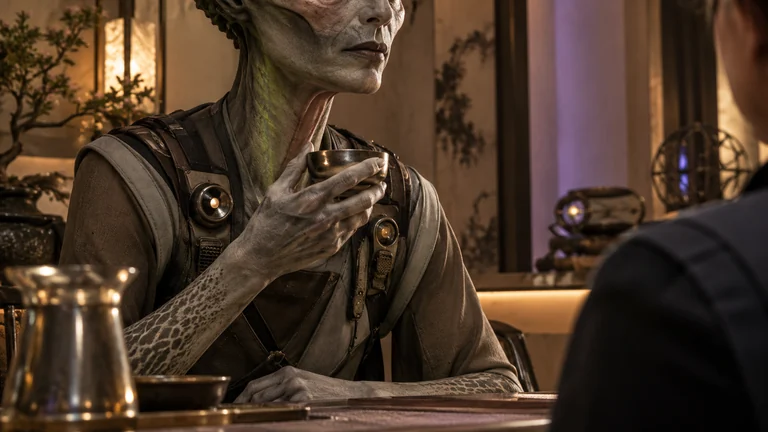 An alien negotiator with shifting green throat skin wears a sensor vest beside a cup of warm water.