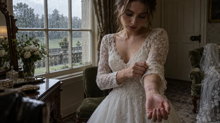 A bride raises her sleeve for a photographer in a dressing room as a storm gathers outside.