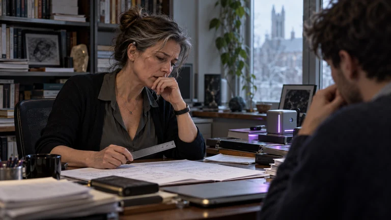 A professor studies papers beside a ruler, one hand held beneath her chin.