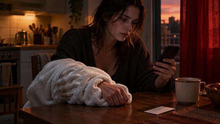 A towel wrapped around a woman's wrist rests beside a plain card and a cold cup of coffee.