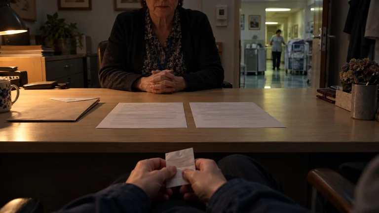 Two separate documents face a care worker across an office desk, with a care-home corridor beyond.