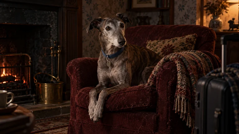 A greyhound wearing a blue collar sits in a worn armchair beside a low fire.