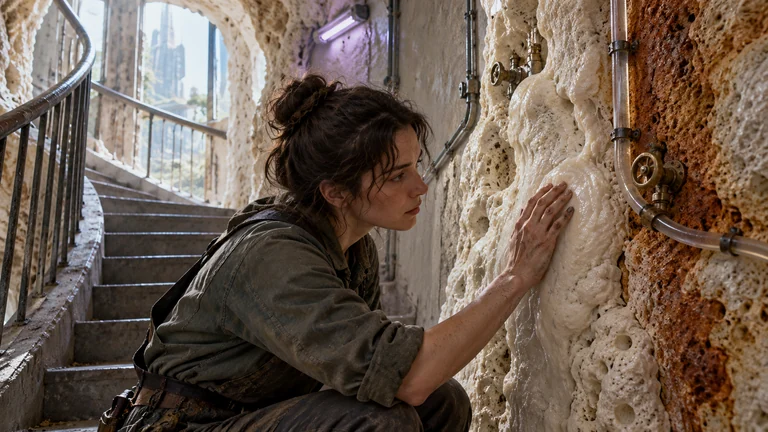 A caretaker examines a sealed joint in a living mineral wall threaded with feeding tubes.