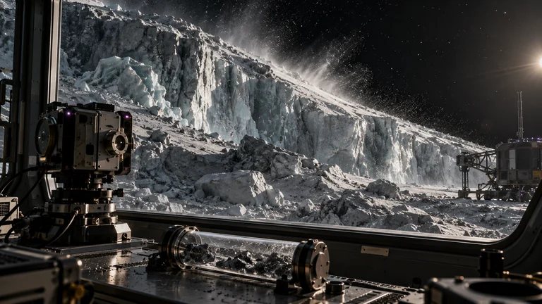 A surveying instrument faces a comet's ice wall and a faint plume of particles.