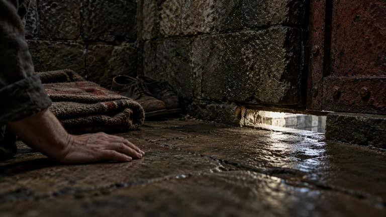 A folded prison blanket lies beside a narrow ventilation gap in a stone cell.