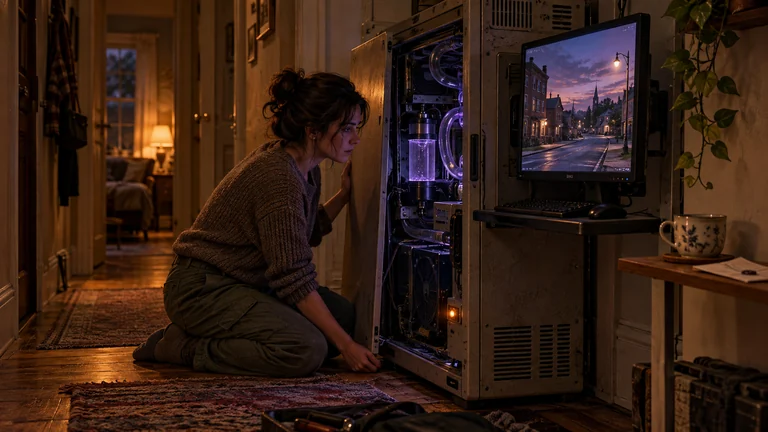 An old computing cabinet stands in a cramped apartment hallway, its terminal showing a small town at dusk.