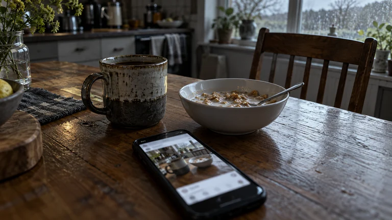 A mug and a bowl of cereal at an empty breakfast place, with a phone lying beside them.