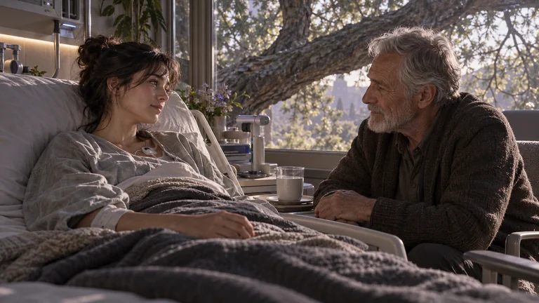 A young woman in a clinical bed faces an older man beside her, with a large tree branch against the window.