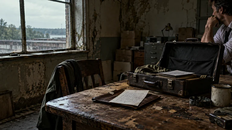 A briefcase and a paper agreement wait in an abandoned dispatch office beside loose cord.