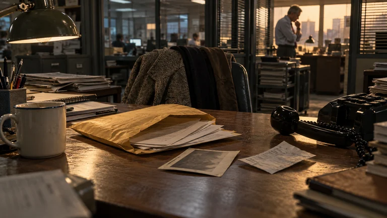 A padded envelope, papers and a photograph lie beside a newsroom telephone.