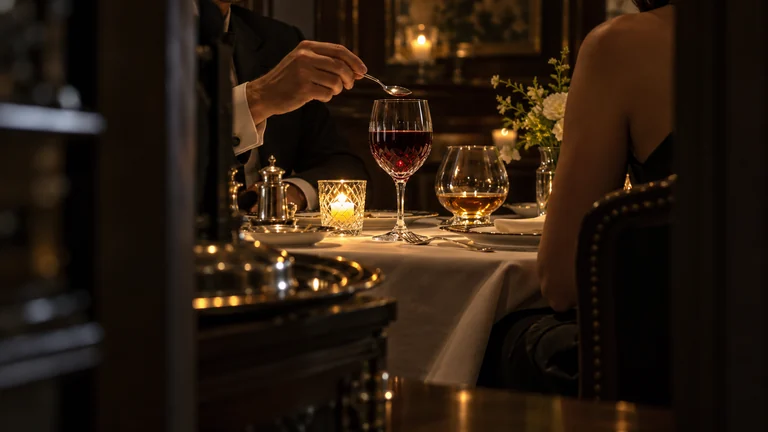 An anniversary table set for two, with wine and brandy glasses in a dim private dining room.