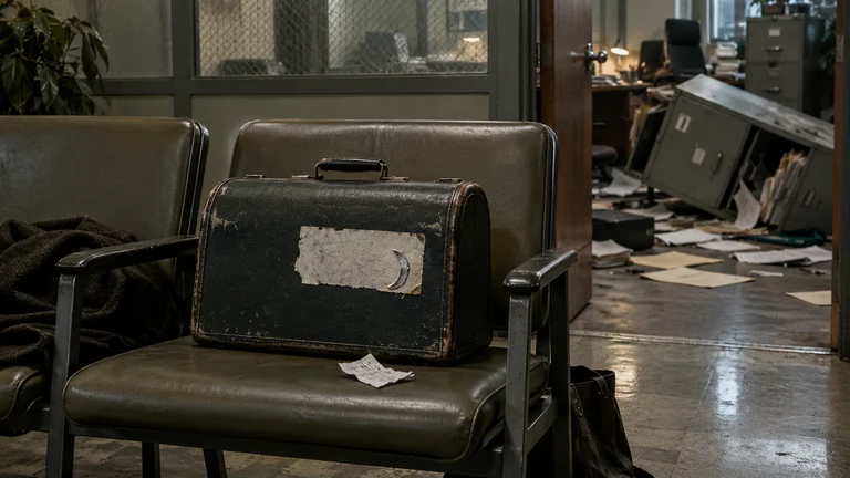 A worn sewing-machine case sits in a closing office beside a crumpled queue ticket.