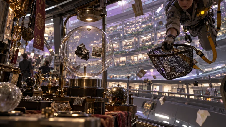 A clear sphere containing a metal fragment stands in an orbital market as a worker reaches with a mesh basket.