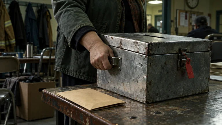 A worker's hand grips a dented ballot-box handle beside a sealed envelope in a voting room.