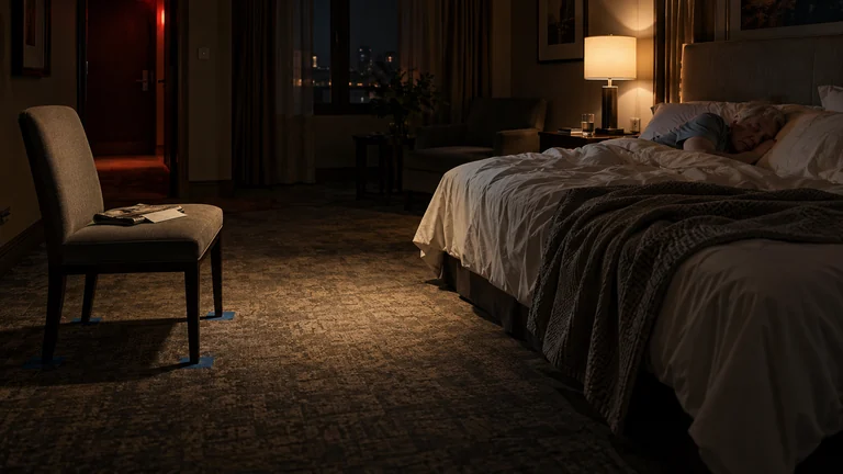 An empty chair stands on blue tape markers beside a sleeping man's bed in a quiet hotel suite.