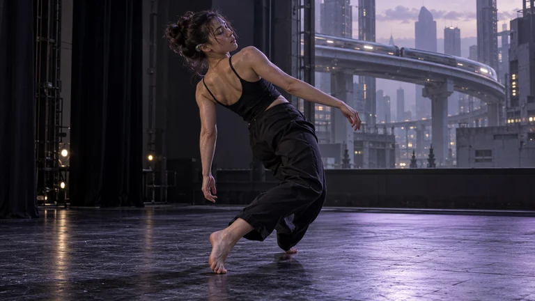 A dancer turns on a dim stage while an elevated transport loop curves outside.