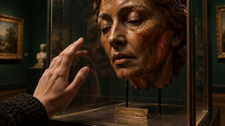 A carved wooden face inside a museum vitrine, its small label reflected in the glass.