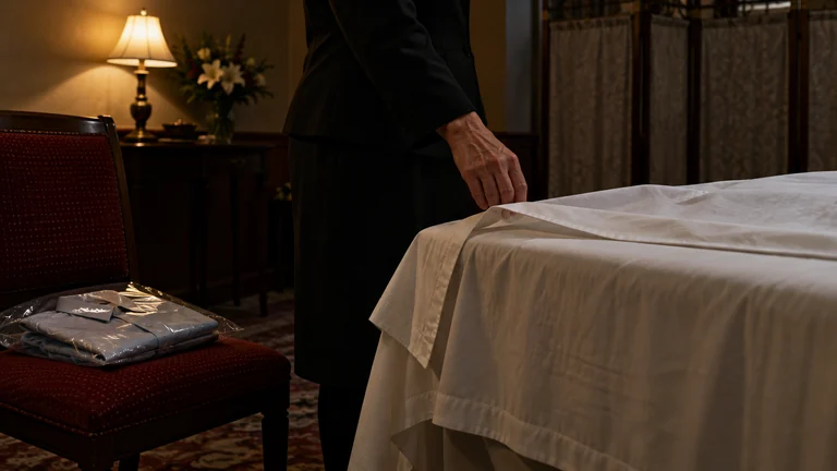 An attendant holds the edge of a white sheet beside a viewing-room screen and a bag containing a clean shirt.