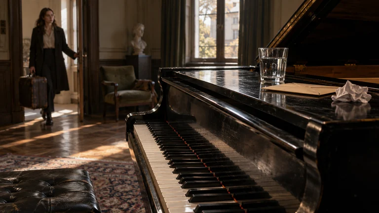 An envelope and a glass of water wait beside a grand piano in an audition room.