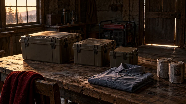 Closed transport containers line a workshop table beside folded clothes and a cup.