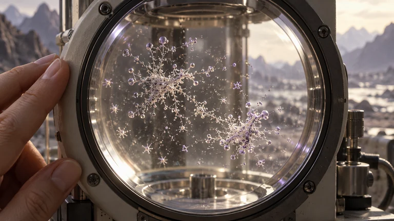 Fine branching structures suspended inside a laboratory air chamber, with an unfamiliar landscape beyond.