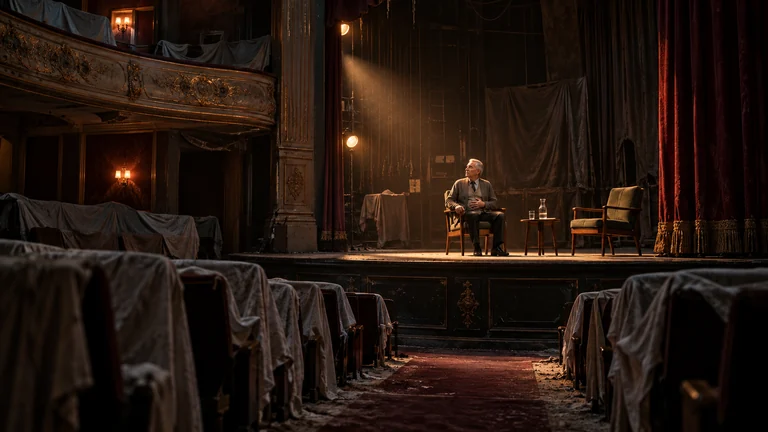 An ageing television host sits alone on a stage, one hand resting uneasily against his cardigan.