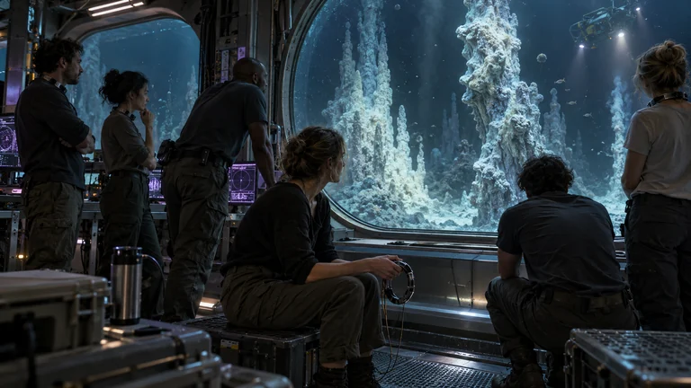Researchers wearing sensory collars observe pale formations through an undersea station window.