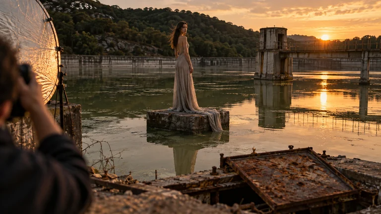 A model stands on a small concrete island in shallow reservoir water while a photographer watches from the bank.