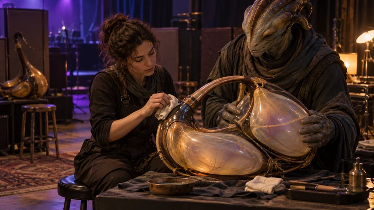 A singer cleans a living resonator while her alien musical partner steadies its pressure sacs.