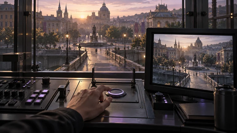 A control room overlooking a causeway and a distant civic square under a pale violet sky.