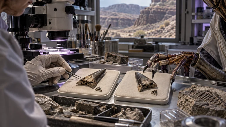 Two identical chipped fossil teeth rest under a microscope beside a jointed alien researcher's hand.