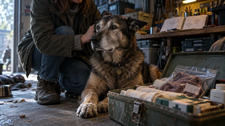 An elderly search dog sits beside an open first-aid box containing a scarf in an evidence bag.