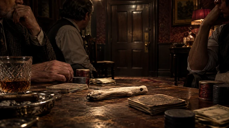 A pale piece of driftwood lies beside playing cards on a worn table facing a locked door.