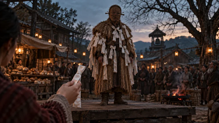 A masked festival bearer in a straw coat stands covered in folded white ribbons at dusk.