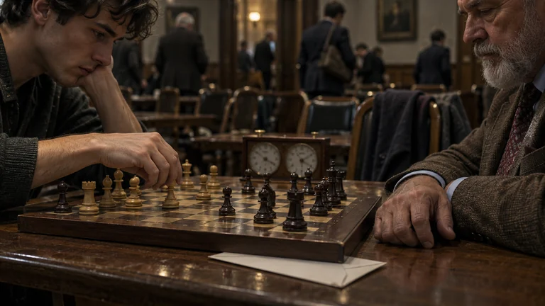A chessboard and running clock sit between two players with a jacket hanging from a chair.