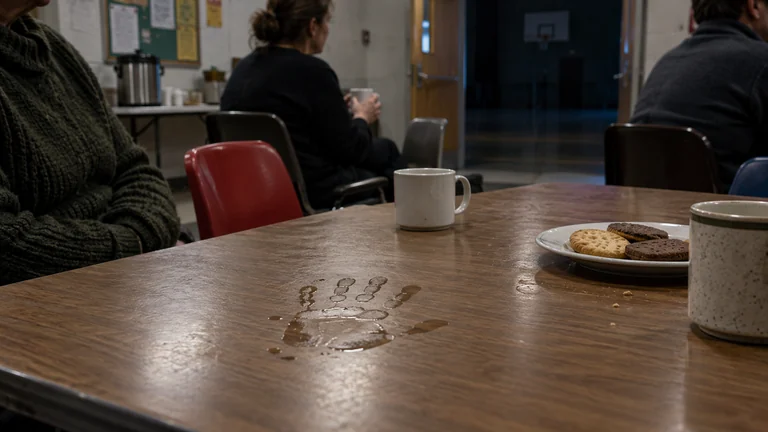 A damp handprint appears beside biscuits and tea on a community-centre table.