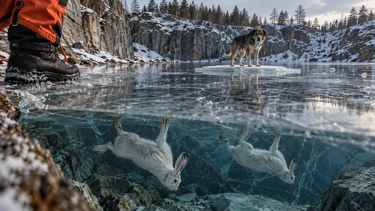 White hares run upside down beneath clear quarry ice near a rescue worker's boot.