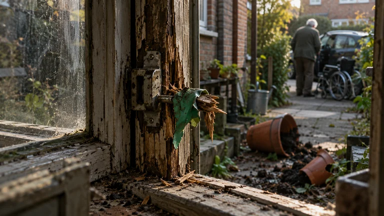 A torn strip of green gardening glove clings to a broken wooden window frame.
