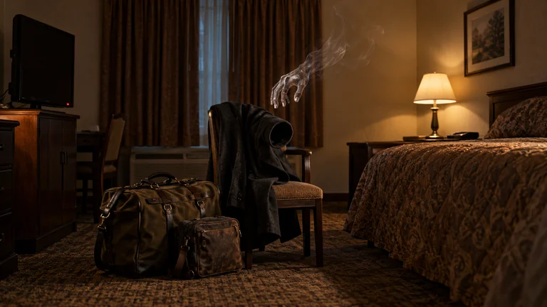An unfinished hand-shaped impression hangs above a coat beside two travel bags in an empty hotel room.