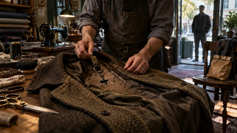 A tailor examines a torn key loop in a coat lining while a customer waits.