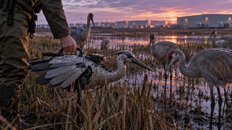 Long-legged marsh birds gather around a mechanical bird with folding wings.