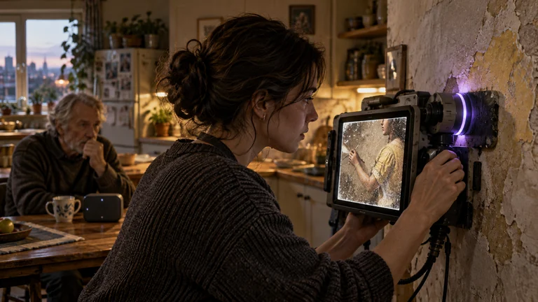 A scanning instrument rests against layers of yellow-painted plaster in a family kitchen.
