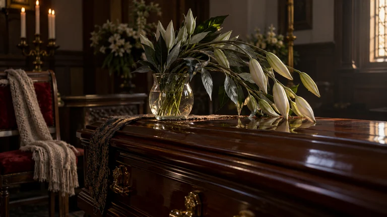 Pale flowers bend toward a coffin beside a knitted scarf in a quiet chapel.