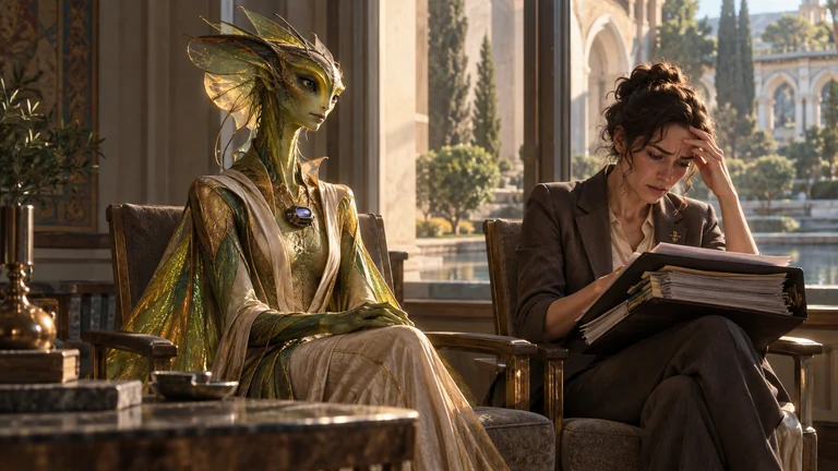 An alien ambassador with green-gold arm membranes waits beside a diplomatic office window.