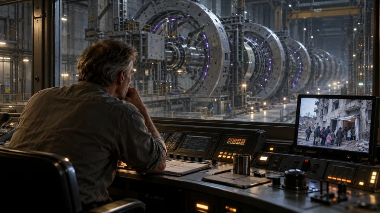 An older operator watches a beam installation console while a distant building appears on a side display.
