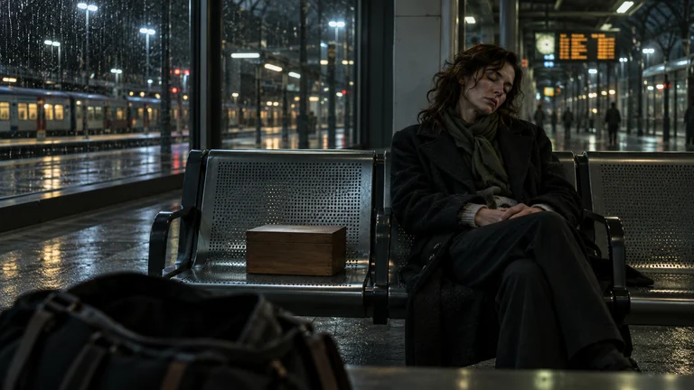 A small wooden box sits beside a sleeping traveller on a railway station bench.