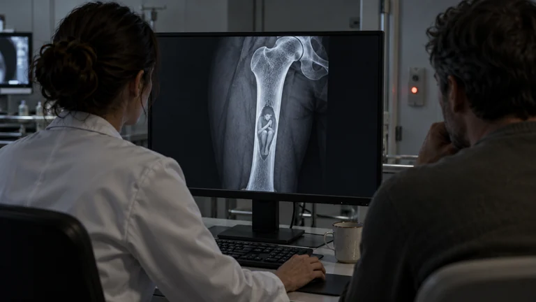 An X-ray shows a tiny curled human silhouette within a thigh bone as two people watch.