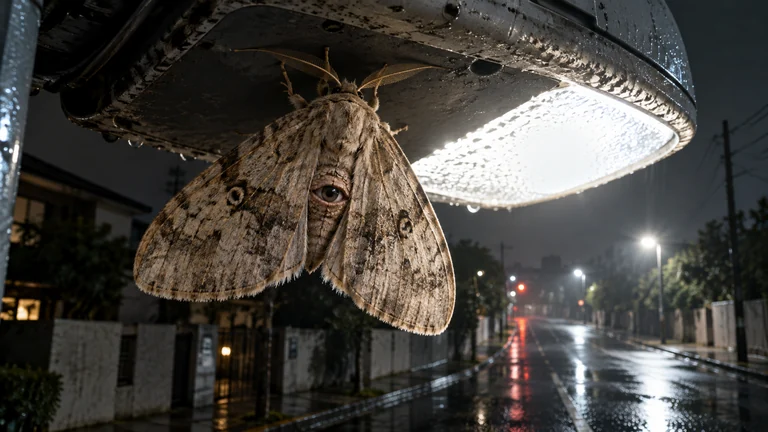 A pale moth with a human-like eye between its wings rests beneath a harsh streetlamp.