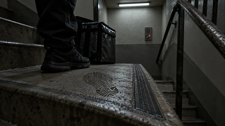 A shoe print pressed into a concrete stair beside a courier's shoe and delivery bag, with an intercom on the wall.