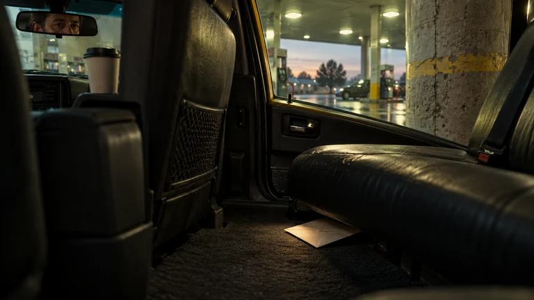 A folded envelope protrudes beneath the rear seat of a taxi parked beside a concrete pillar.